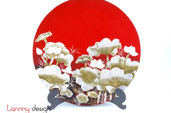 Red round lacquer dish hand-painted with lotus included with stand 45 cm